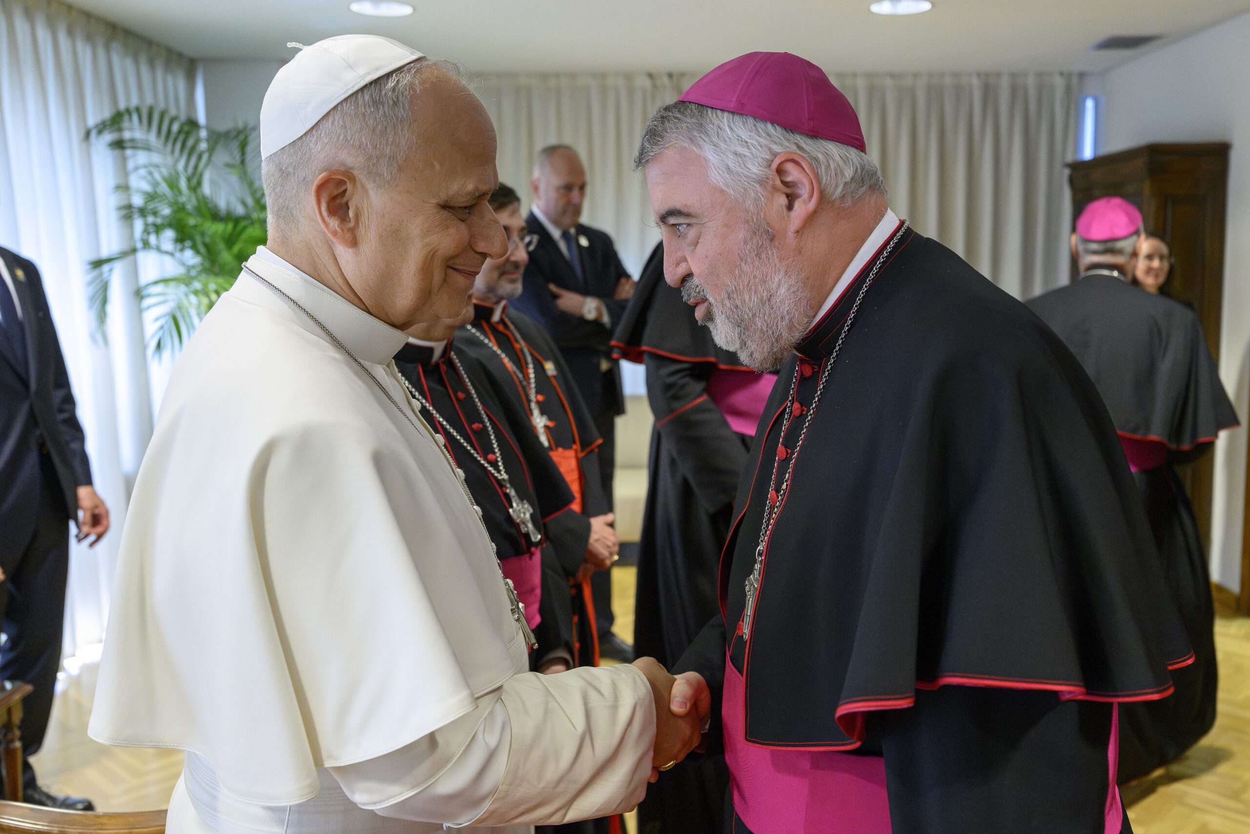 Saludo de Don Carlos Manuel Escribano Subías, Arzobispo de Zaragoza, al Santo Padre León XIV 
©Vatican Media
