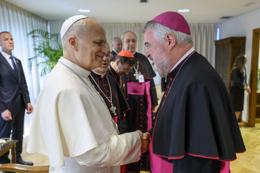 Saludo del Santo Padre León XIV a Don Carlos Manuel Escribano Subías, Arzobispo de Zaragoza ©?Vatican Media